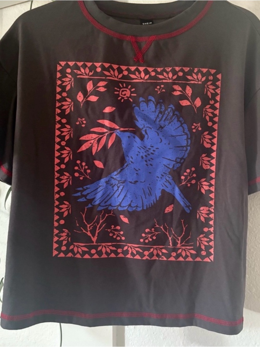 Dark Grey Tee with Blue Bird & Red Botanical Print